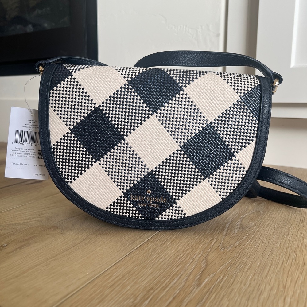 kate spade Blazer Blue Woven Gingham Check Saddle Crossbody Bag